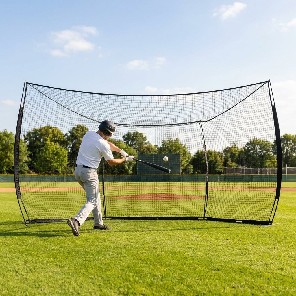 Baseball backstop net in use during outdoor practice