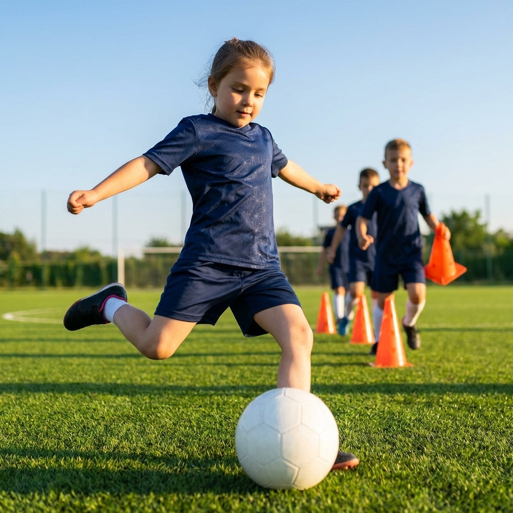 Junior navy blue football shirt with geometric print for training
