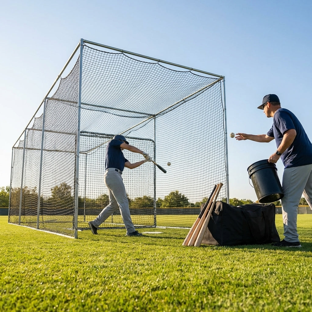 Baseball Batting Cage Net in black, 55ft length, durable for outdoor training