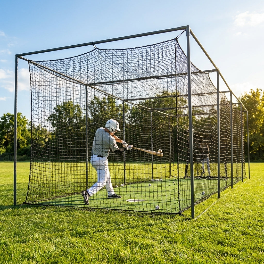 Black baseball batting cage nets made from HDPP twine for indoor and outdoor use