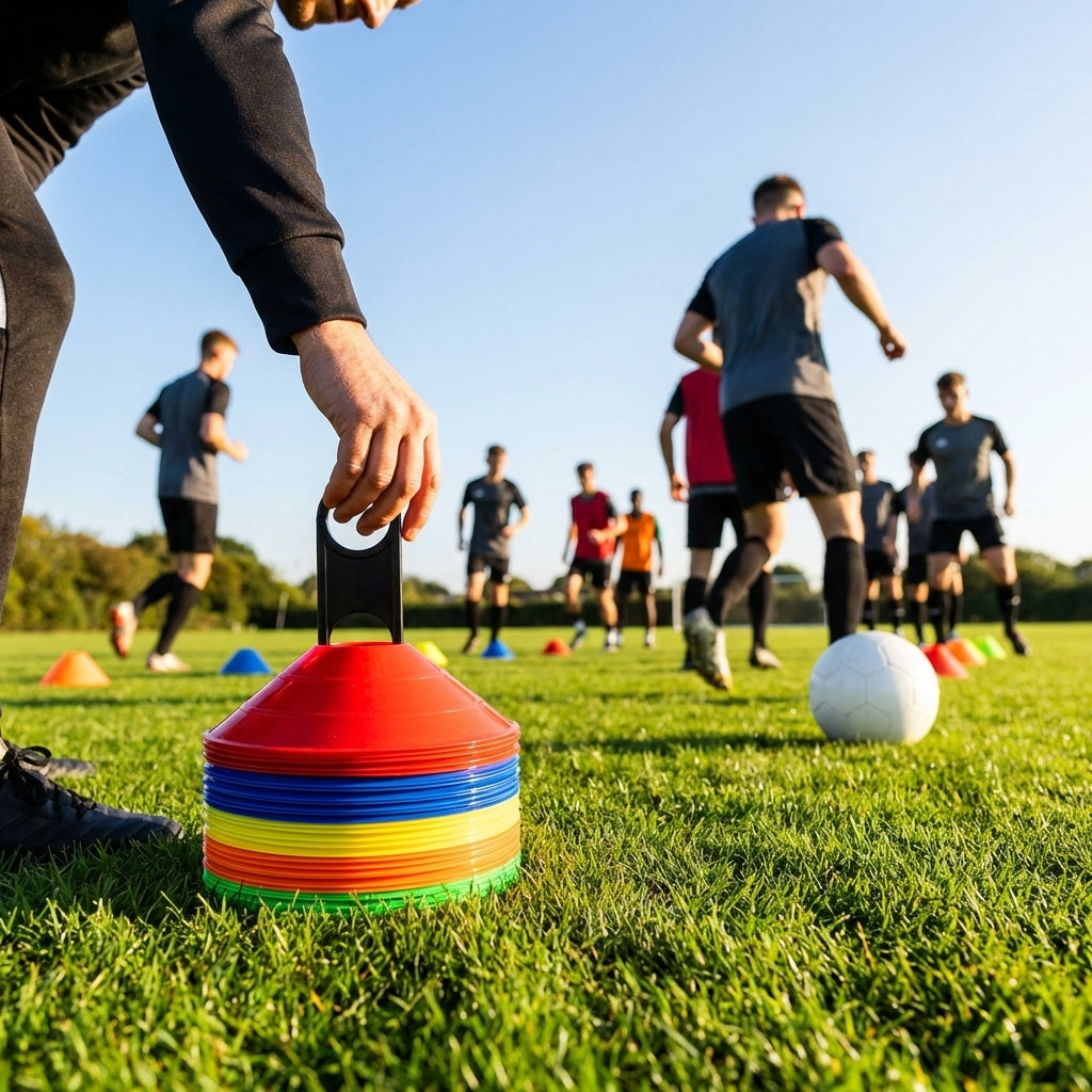 Colourful training marker cones for sports fields