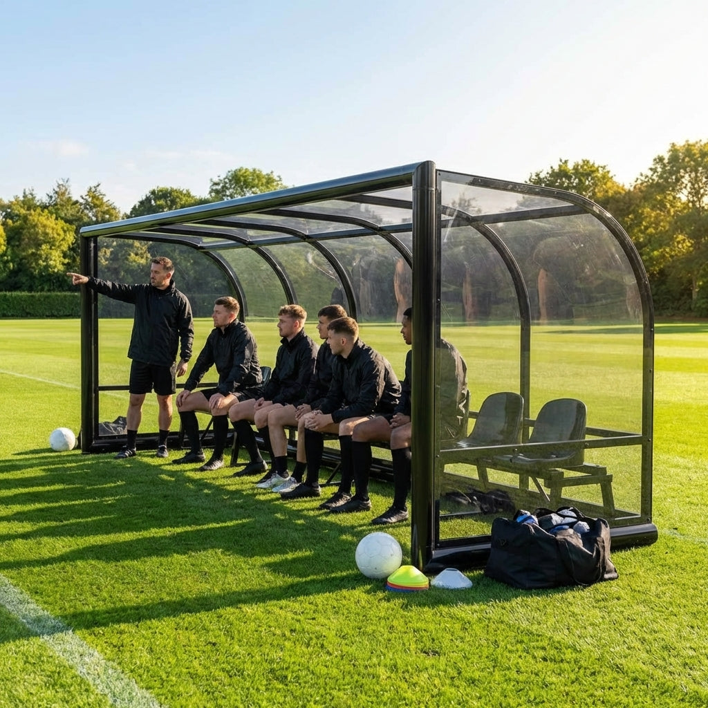 Fixed team shelter with aluminium frame and polycarbonate panels for sports