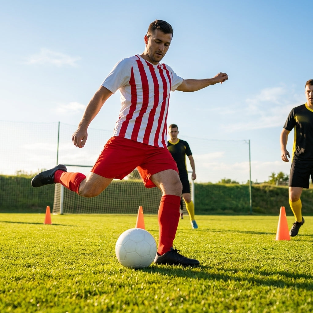 Men's striped football kit with shirt, shorts, and socks