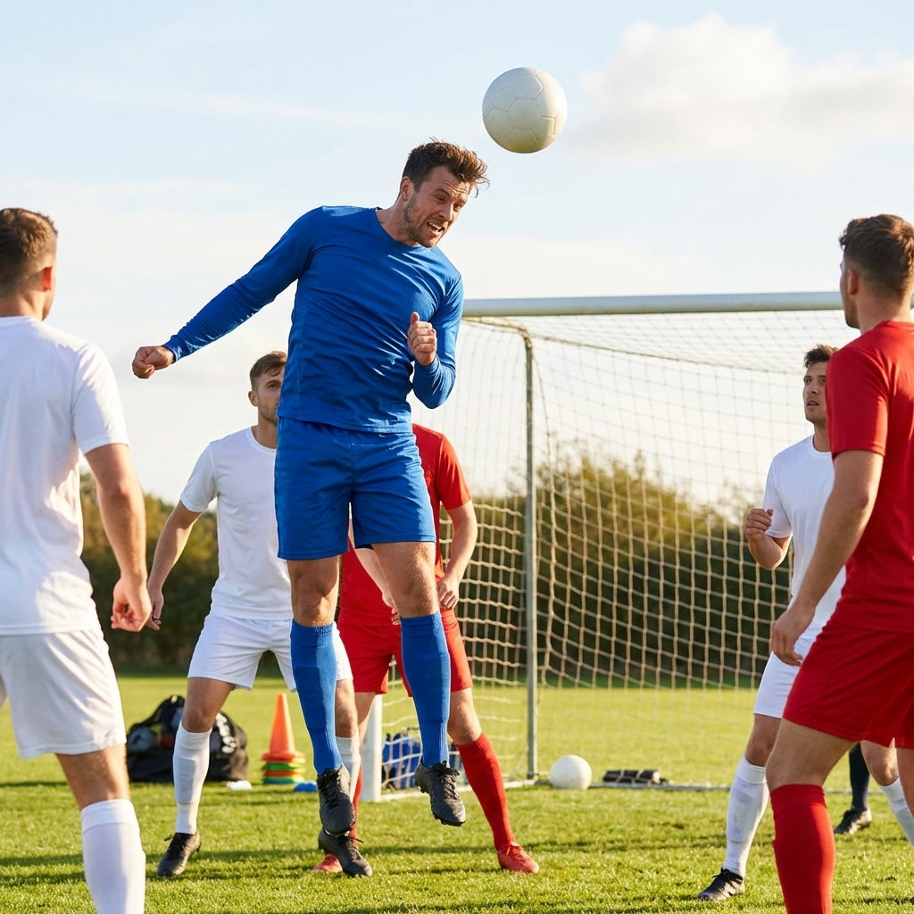 Men's football kit in various colours, including long-sleeve shirt, shorts, and socks