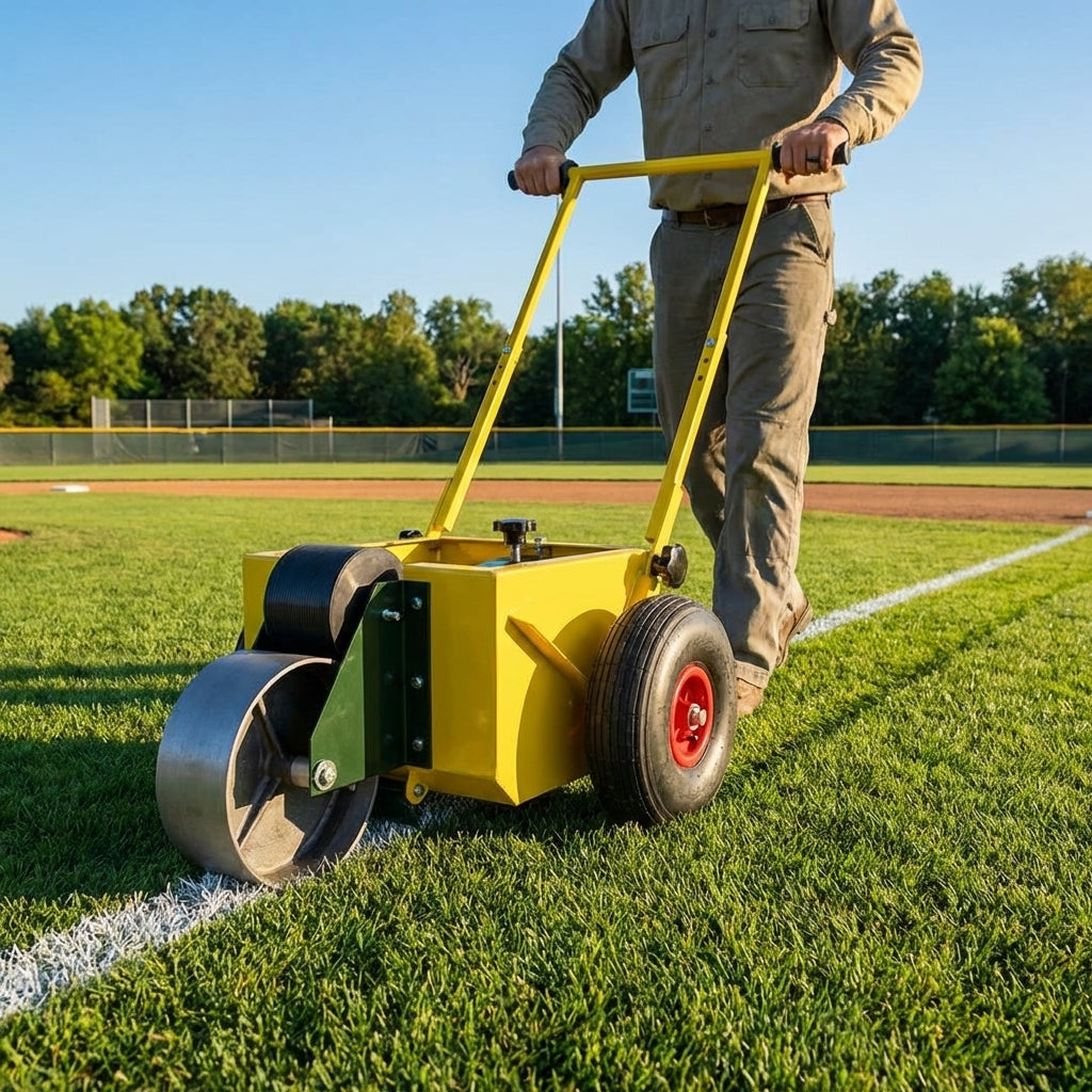 Baseball field line marker with steel tank and pneumatic wheels