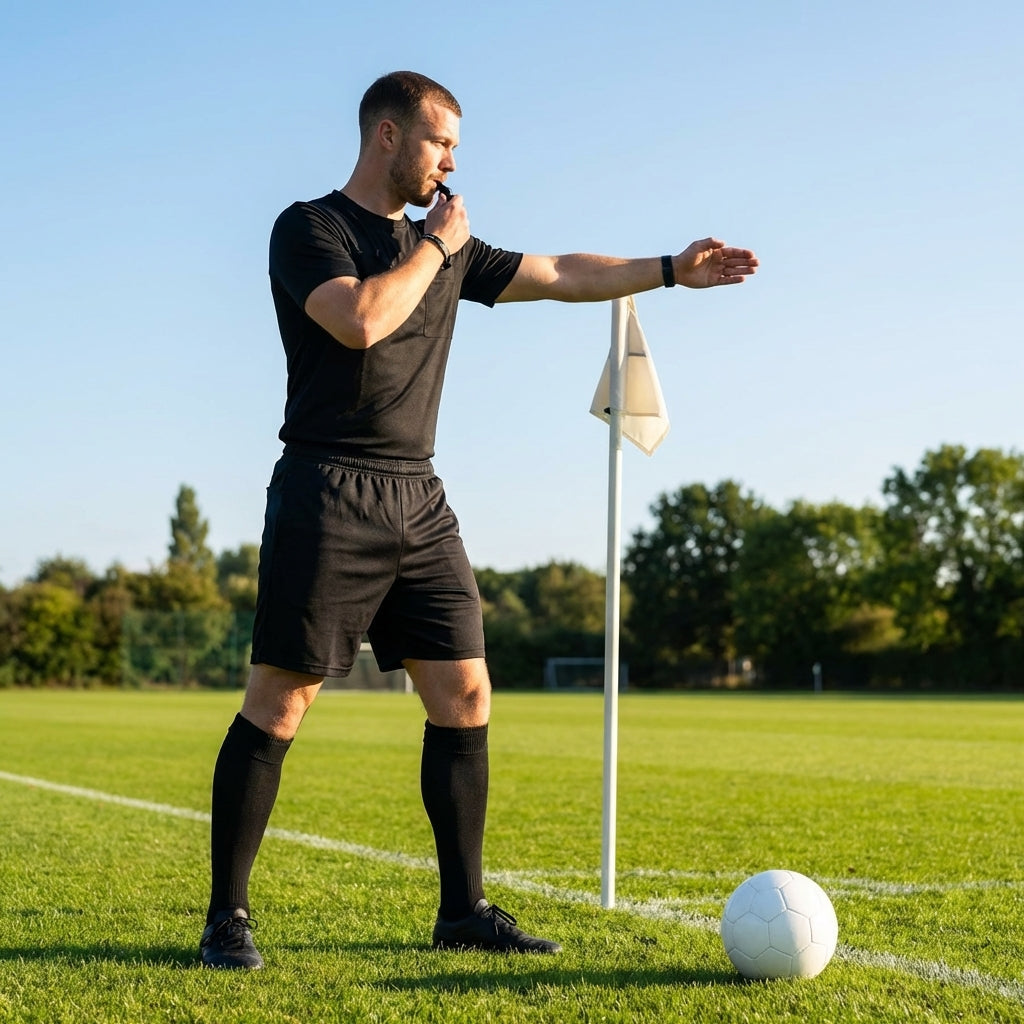 Football referee kit with fluro yellow or black shirt, shorts, and socks
