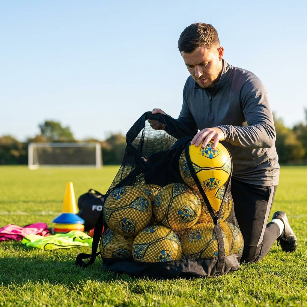 Football carry bag with 12 footballs, durable mesh