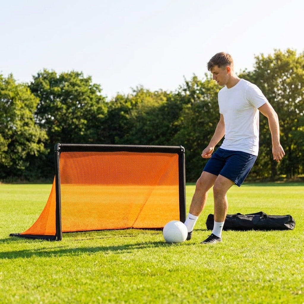 Folding football goal with aluminium frame and high-impact net