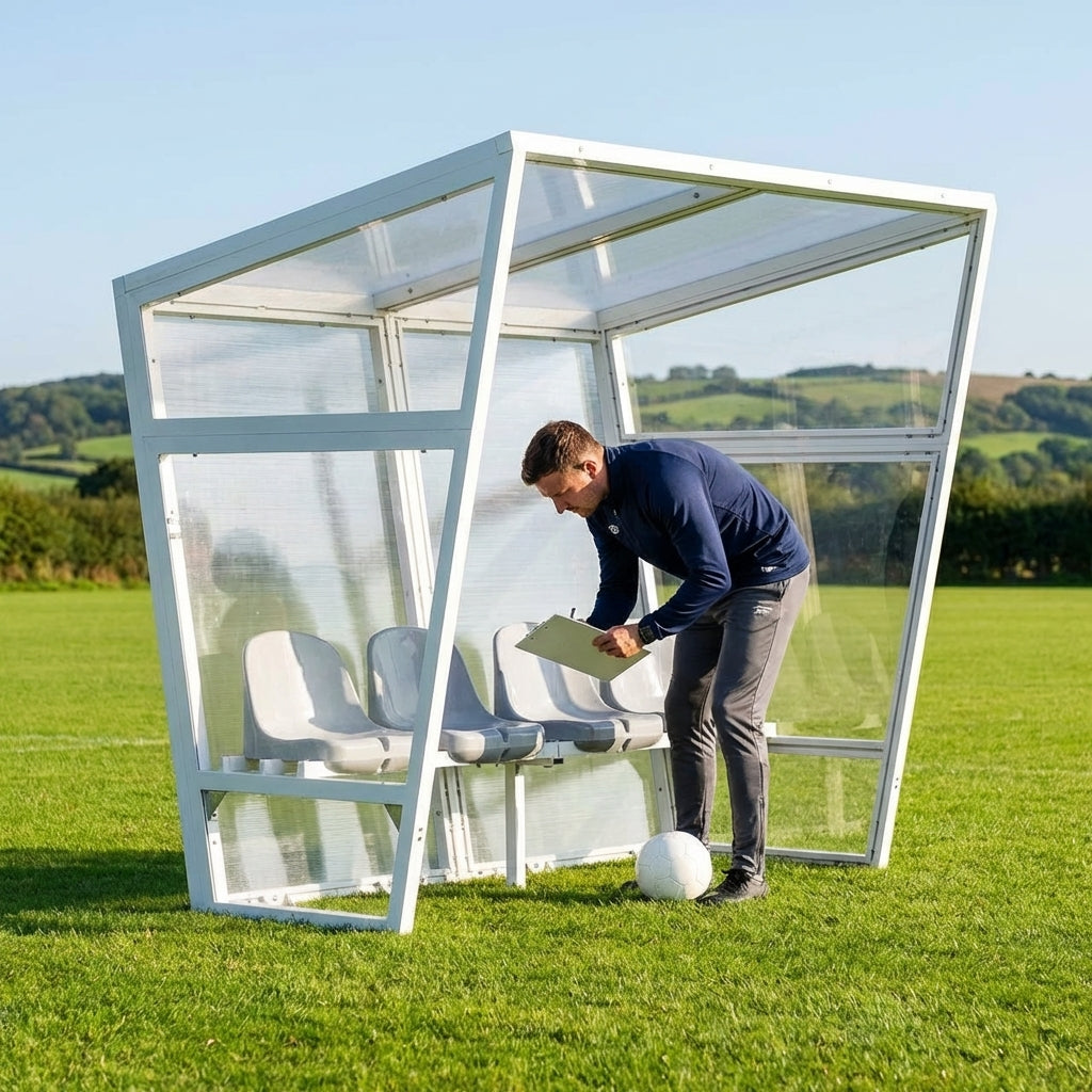 Heavy duty aluminium team shelter with moulded seats