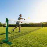 Pickleball posts with base plates in blue, black, and green for club use