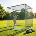 Socketed golf cage with green netting, ideal for garden and range use