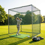 Socketed golf cage with green netting, ideal for garden and range use