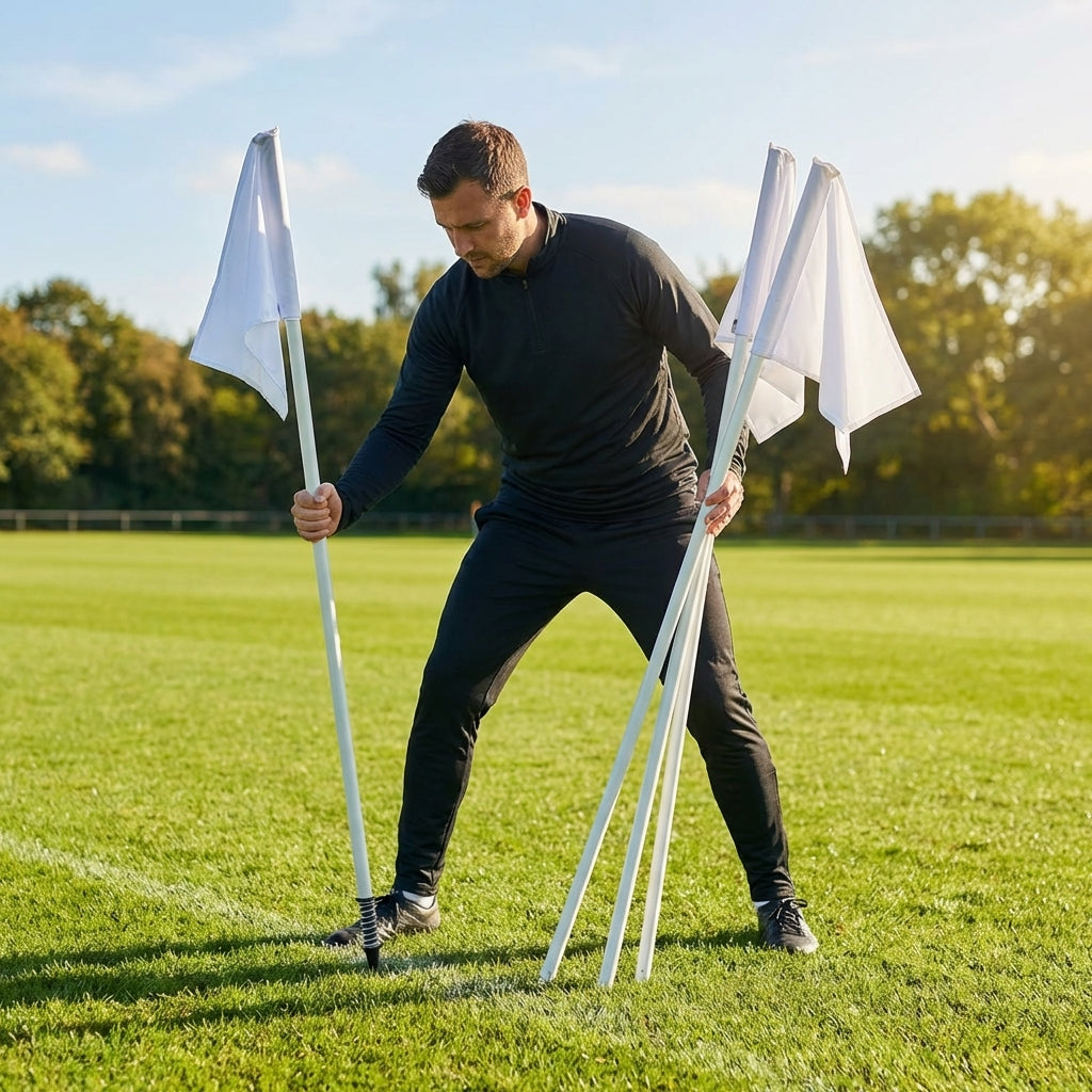 Spring-loaded football corner flags in various colours with weatherproof PVC poles