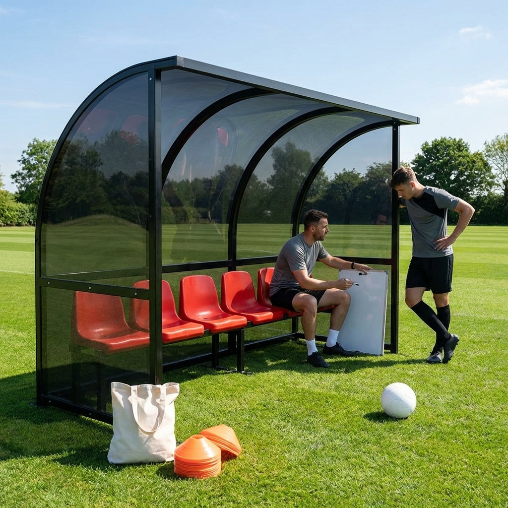 Fixed team shelter with aluminium frame and polycarbonate panels for sports