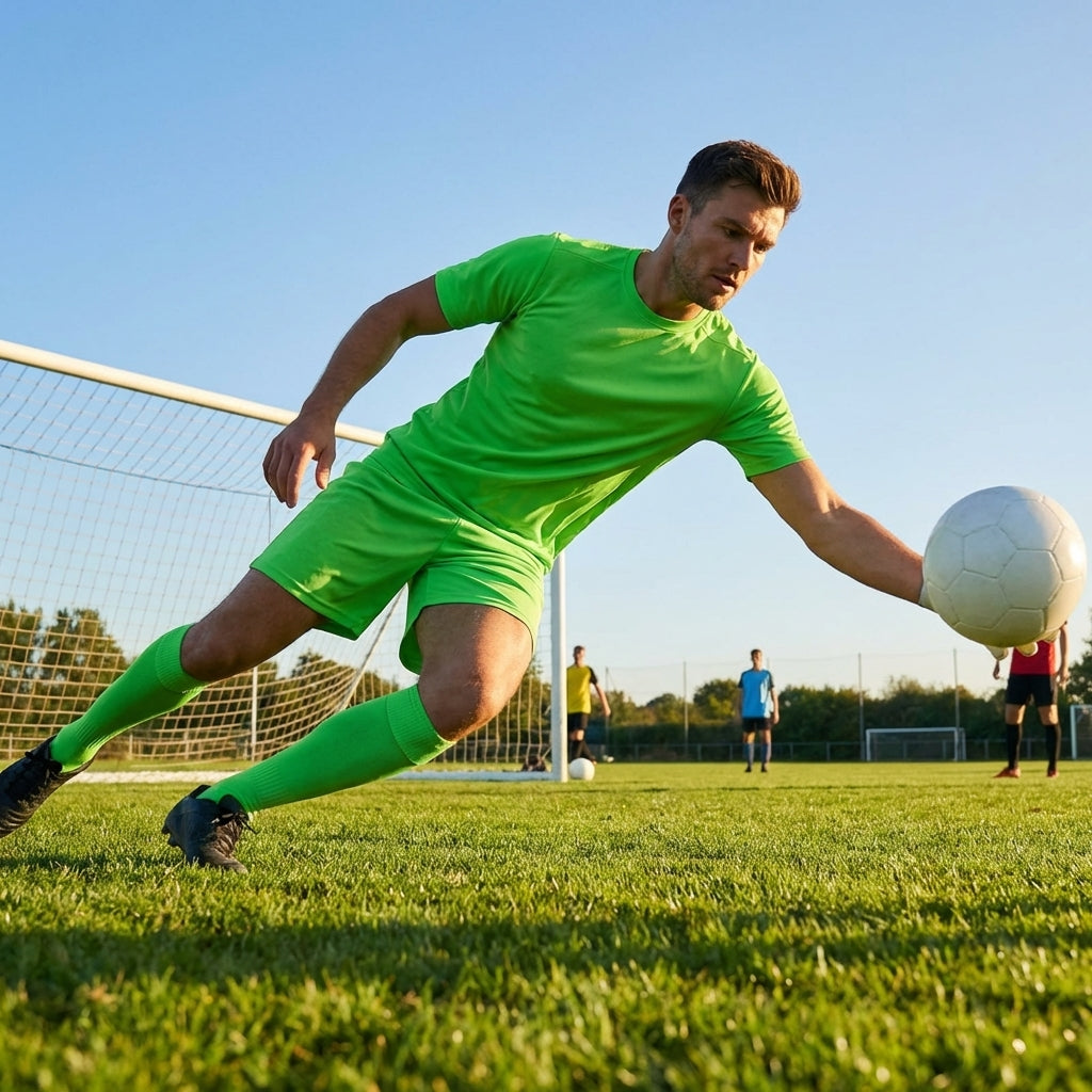 Men's Goalkeeper Kit in vibrant colours, including top, shorts, and socks.