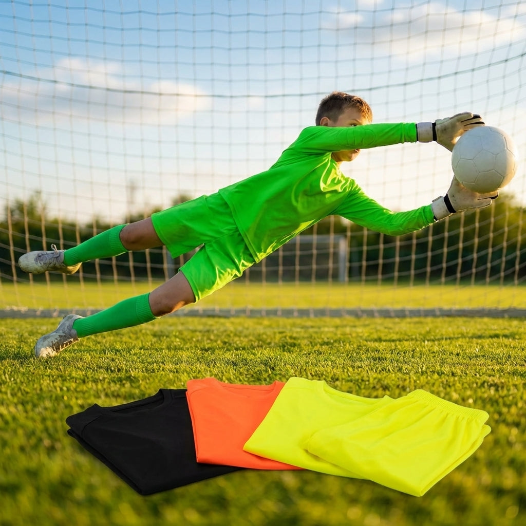 Kids' Goalkeeper Kit including shirt, shorts, and socks