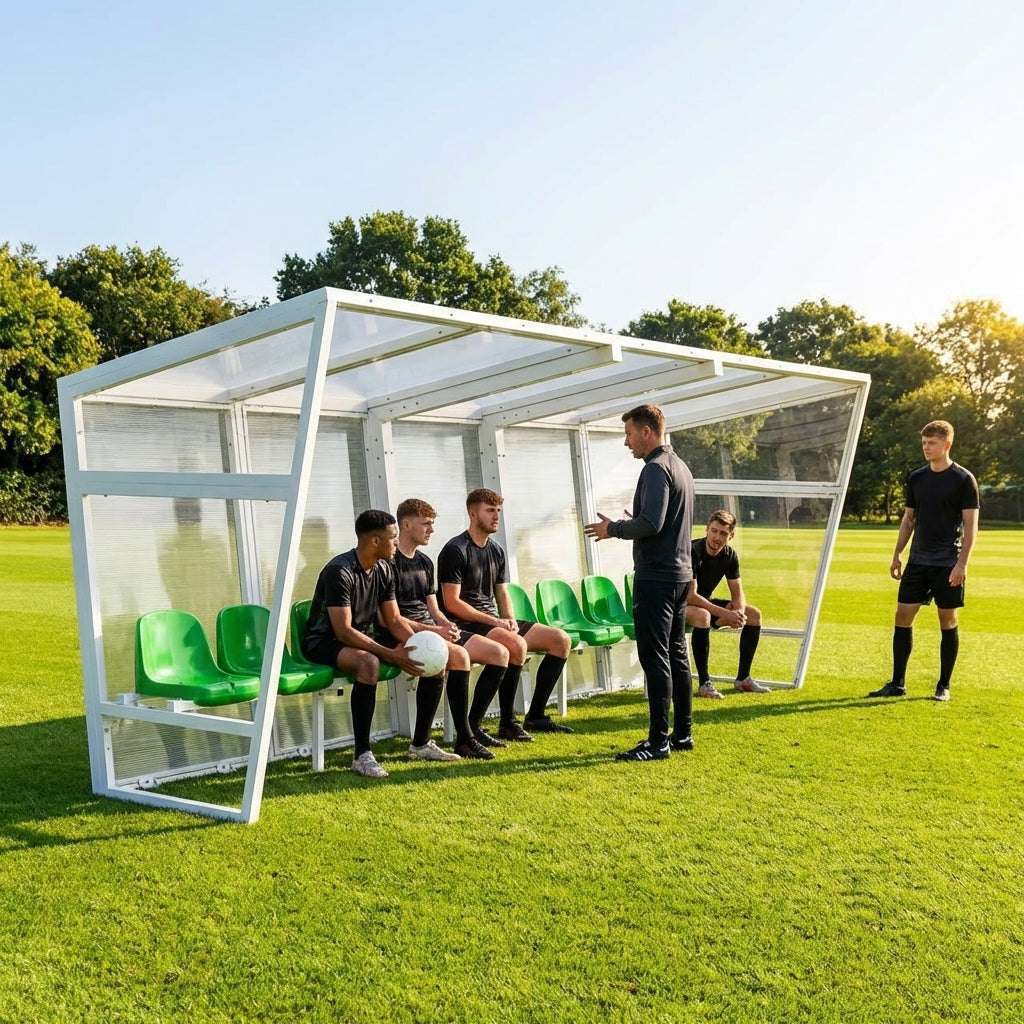 Heavy duty aluminium team shelter with moulded seats
