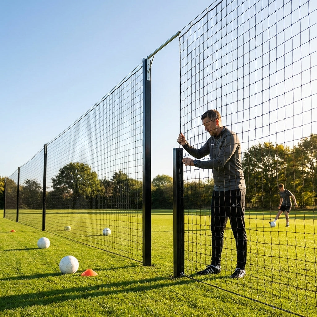 Pitch divider net system with galvanised steel posts and tensioned net