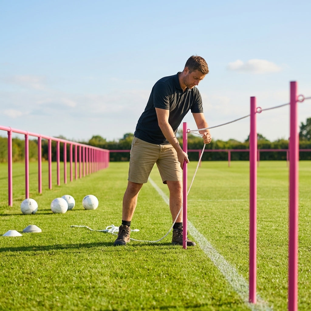 Football crowd control barrier with PVC poles for outdoor use