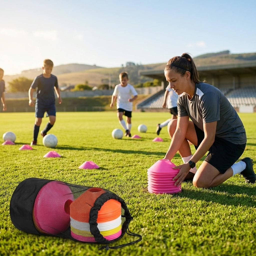 Set of vibrant football training cones in various sizes and colours