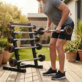 Steel barbell rack set for gym use, featuring a heavy-duty frame.