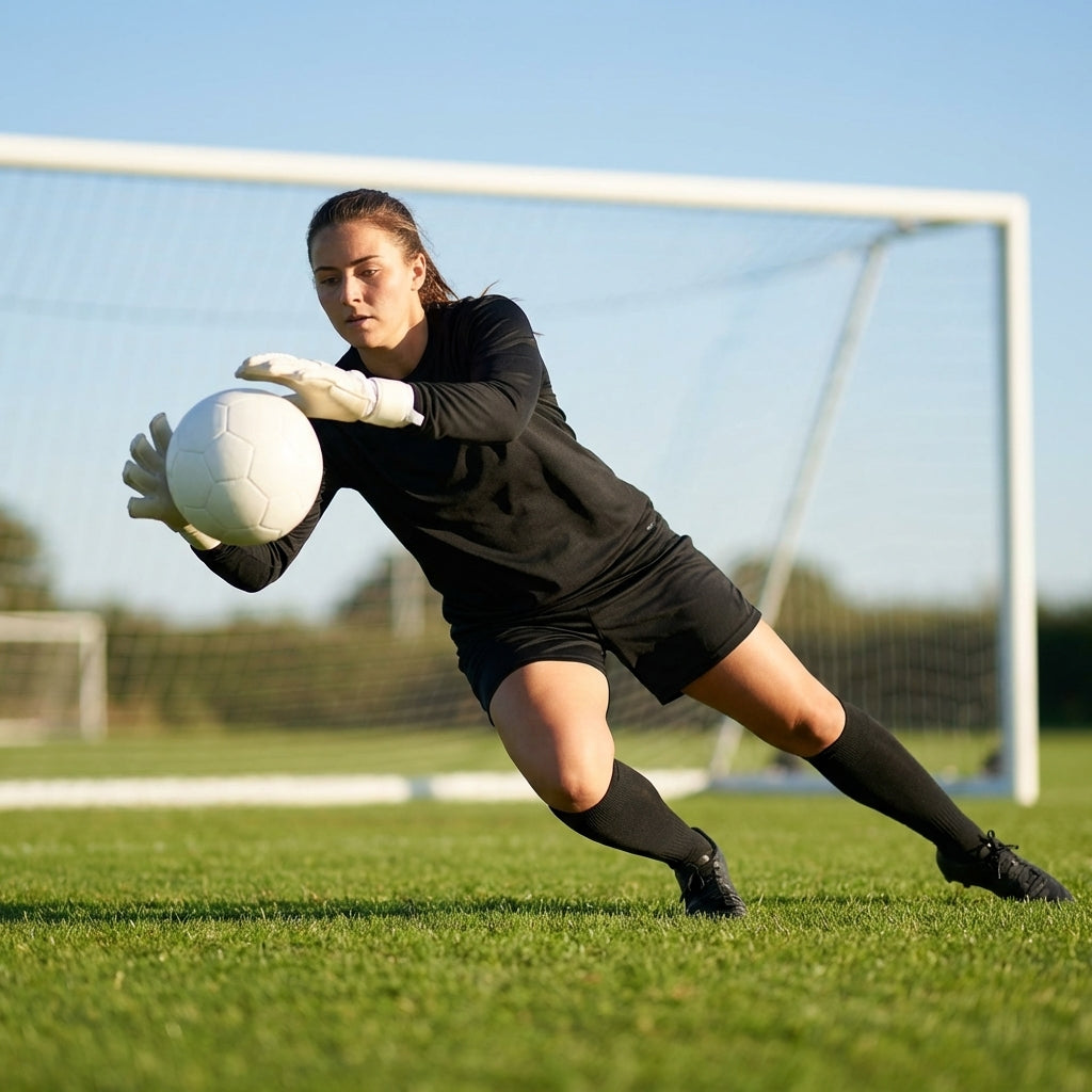 Women's Goalkeeper Kit including long sleeve shirt, shorts, and knee-high socks