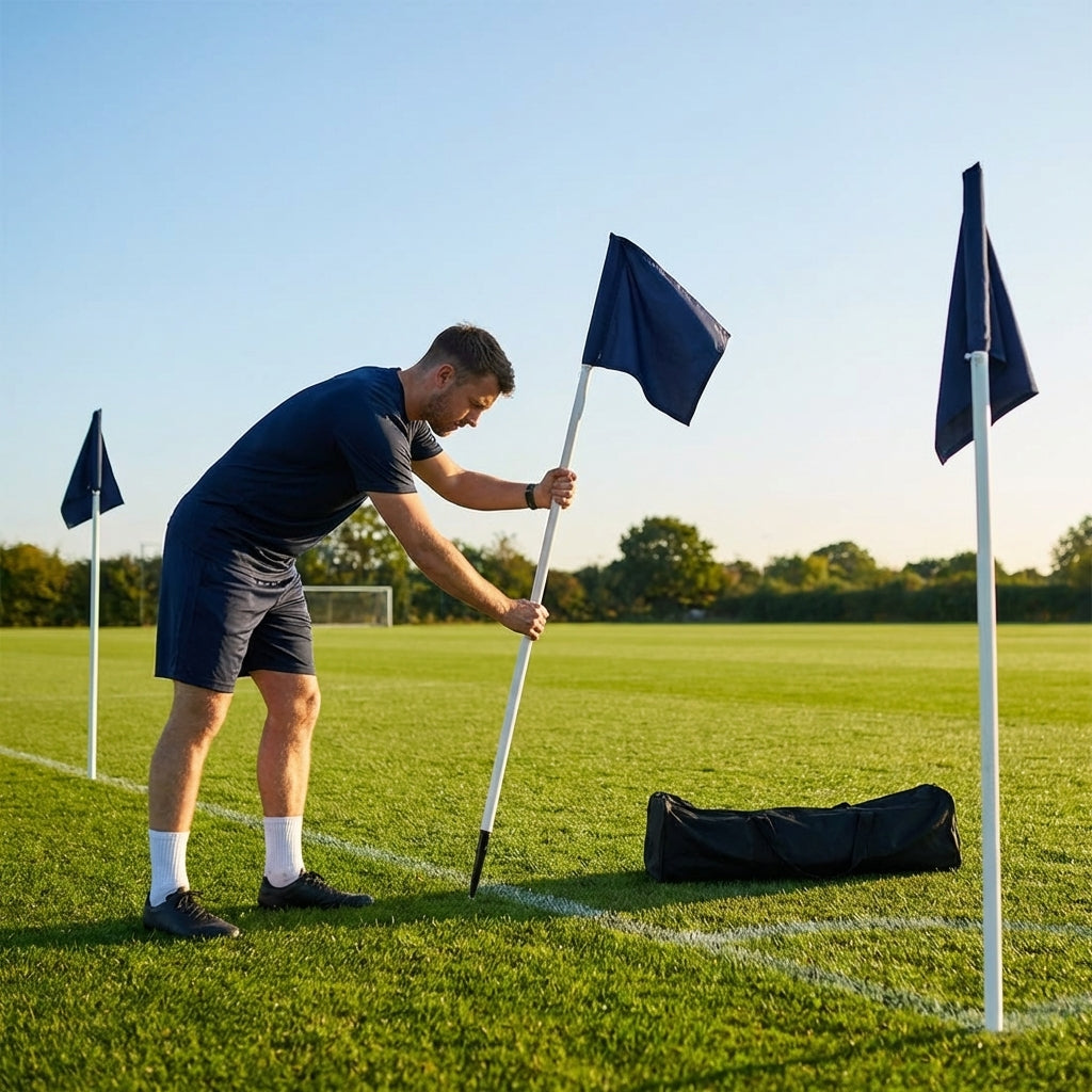 Football corner flag set with bright nylon flags and PVC poles