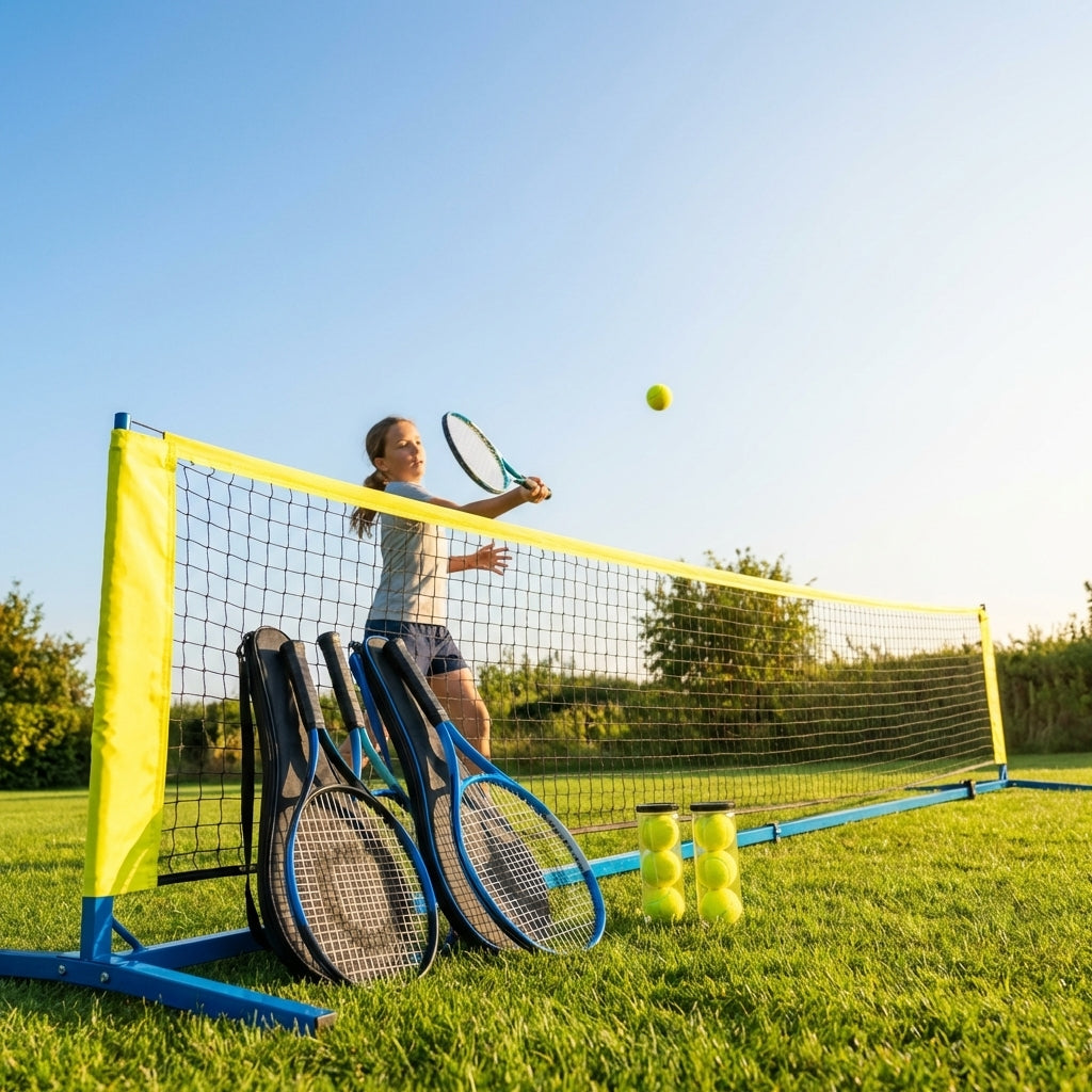 Mini Tennis Net Set with rackets and balls, perfect for backyard and club use