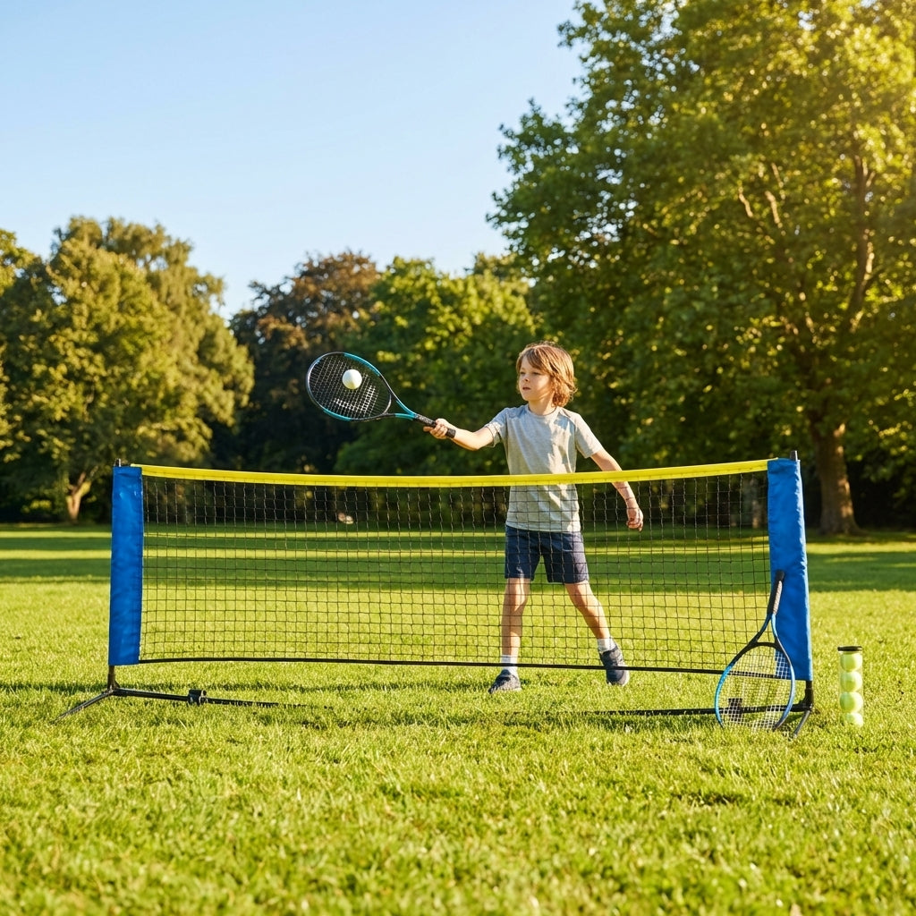 Mini Tennis Net Set with rackets and balls, perfect for backyard and club use