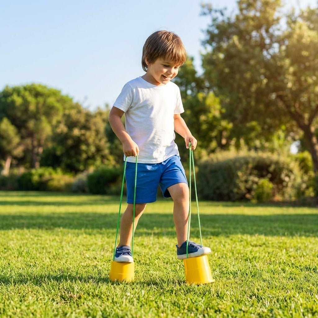 Kids bucket stilts in vibrant colours for indoor and outdoor play