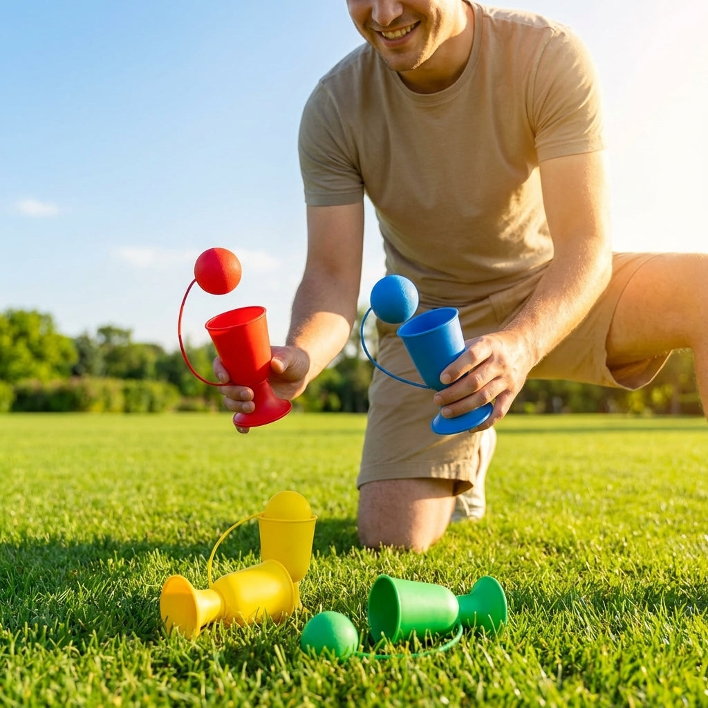 Plastic Cup & Ball Game in vibrant colours for indoor and outdoor fun