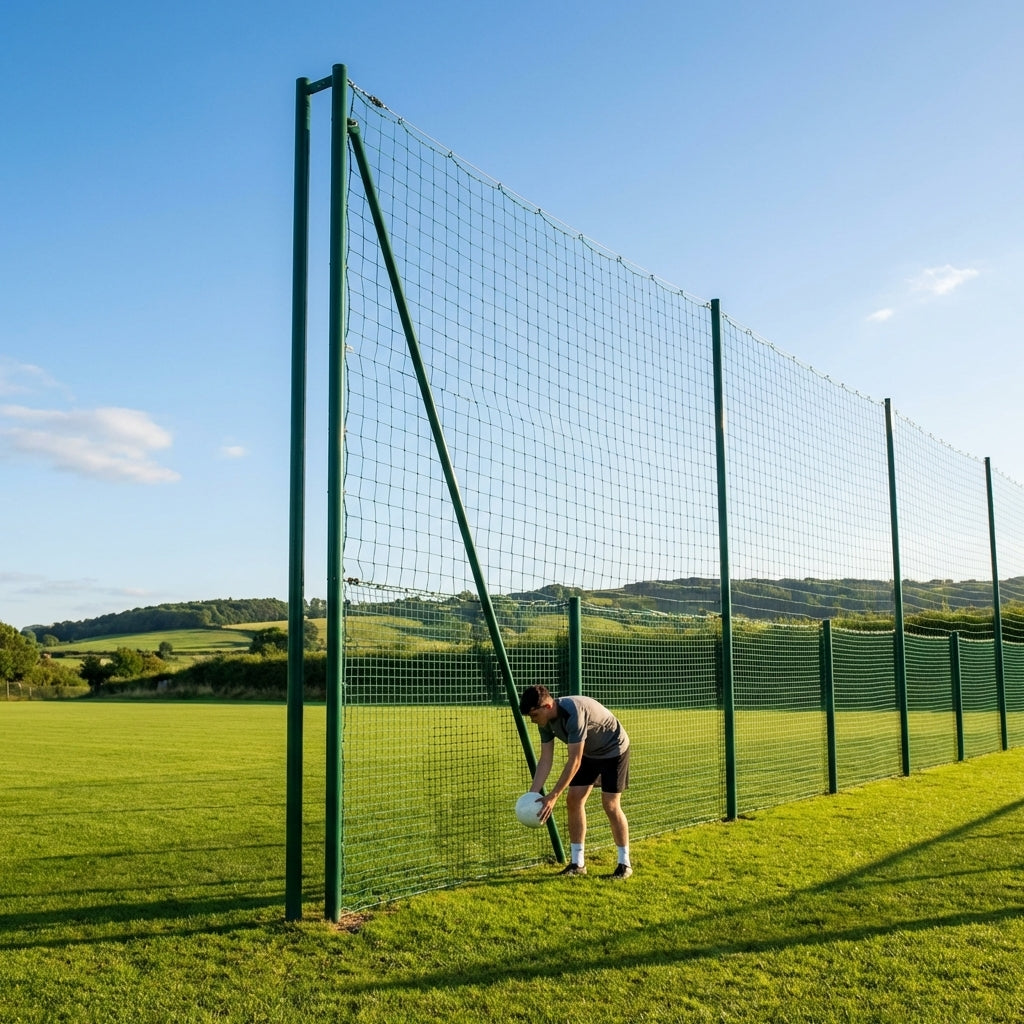 Ball Stop Net System with 8m high galvanised steel posts for sports grounds