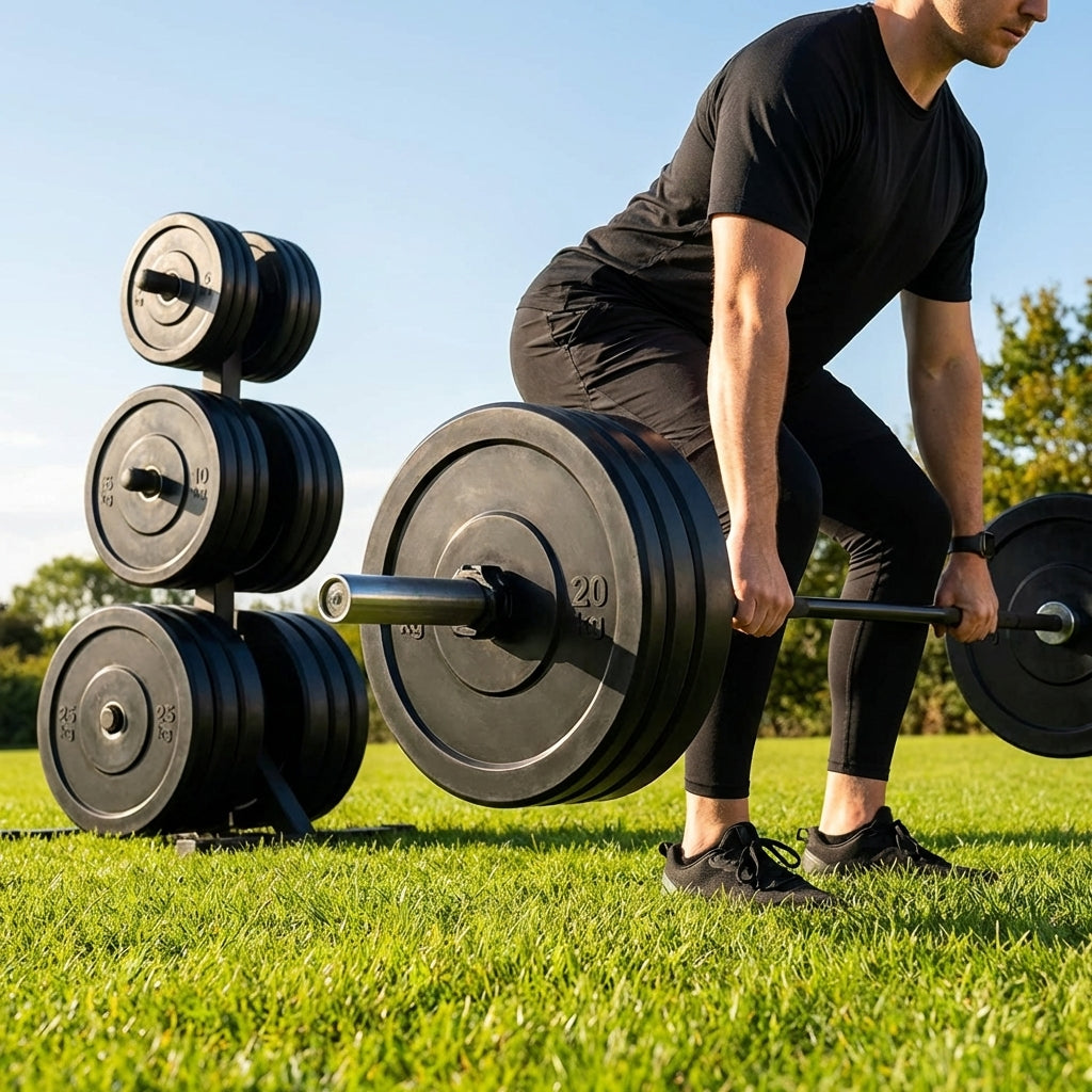 Black Olympic bumper plates made from Virgin rubber