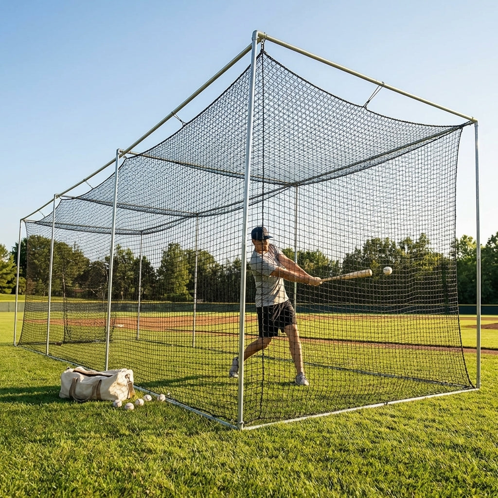 Black baseball batting cage nets made from HDPP twine for indoor and outdoor use