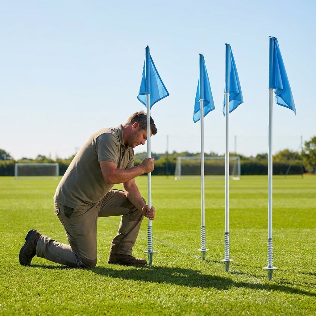 Spring-loaded football corner flags in various colours with weatherproof PVC poles
