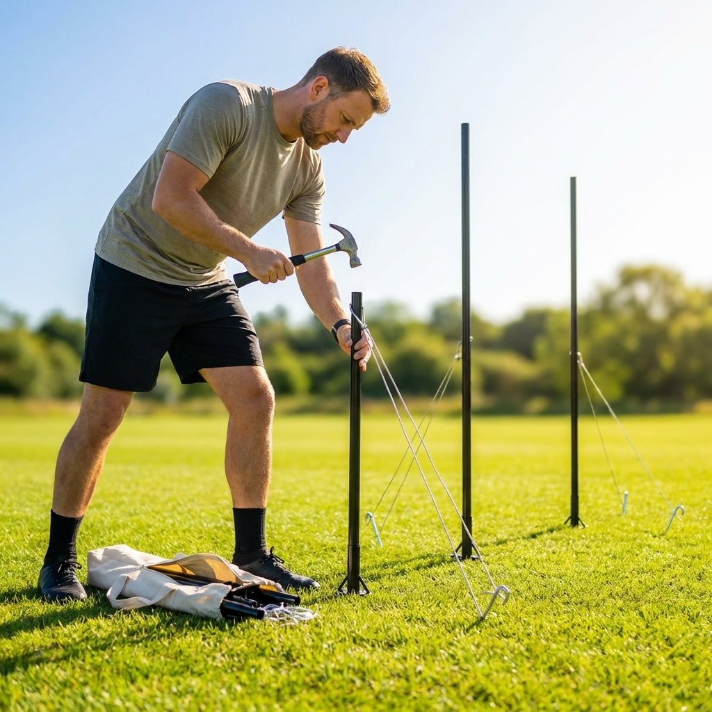 Black steel support poles for baseball batting cages
