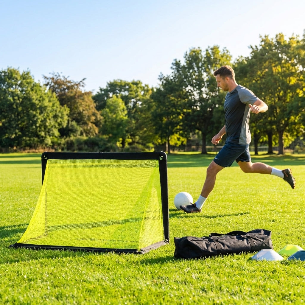 Folding football goal with aluminium frame and high-impact net