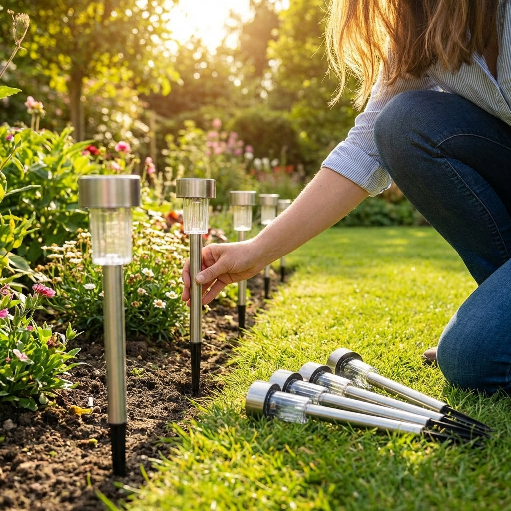 Solar-powered garden lights in black and silver, outdoor pathway lighting