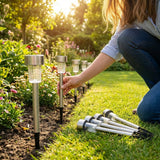 Solar-powered garden lights in black and silver, outdoor pathway lighting