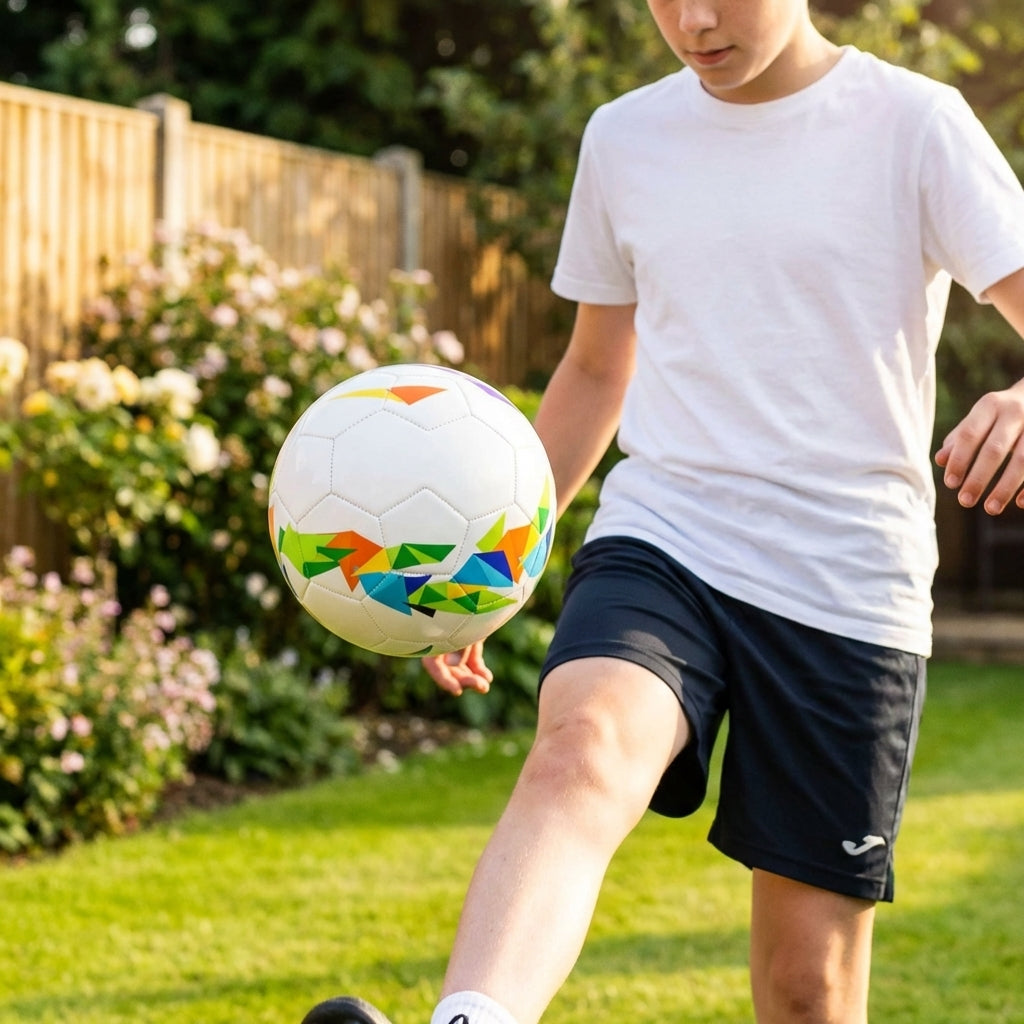 Lightweight garden football with traditional white design and colourful patterns