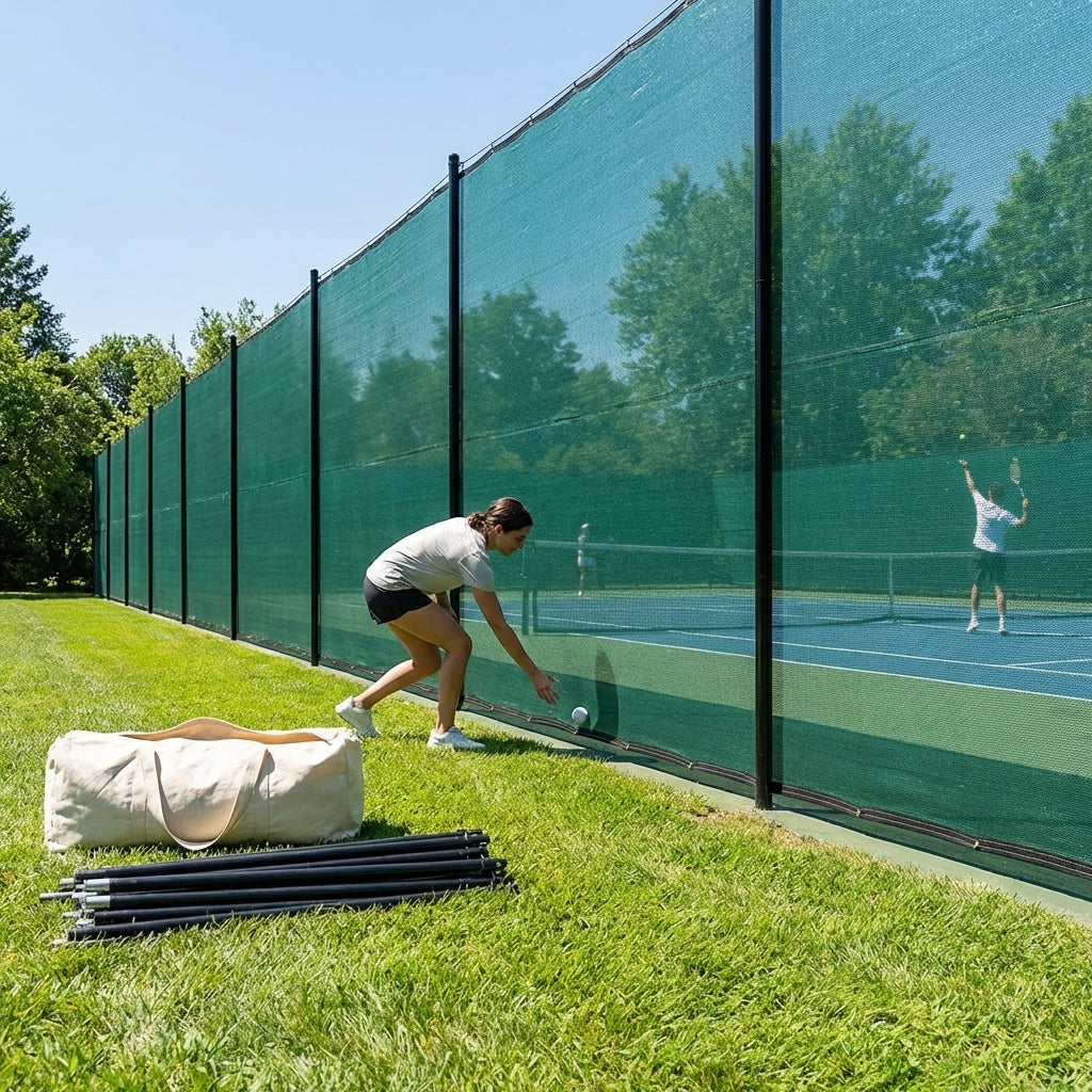 Removable tennis court surround system with steel posts and HDPP netting