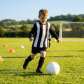 Kids' football kit with striped long sleeve shirt, shorts, and knee-high socks