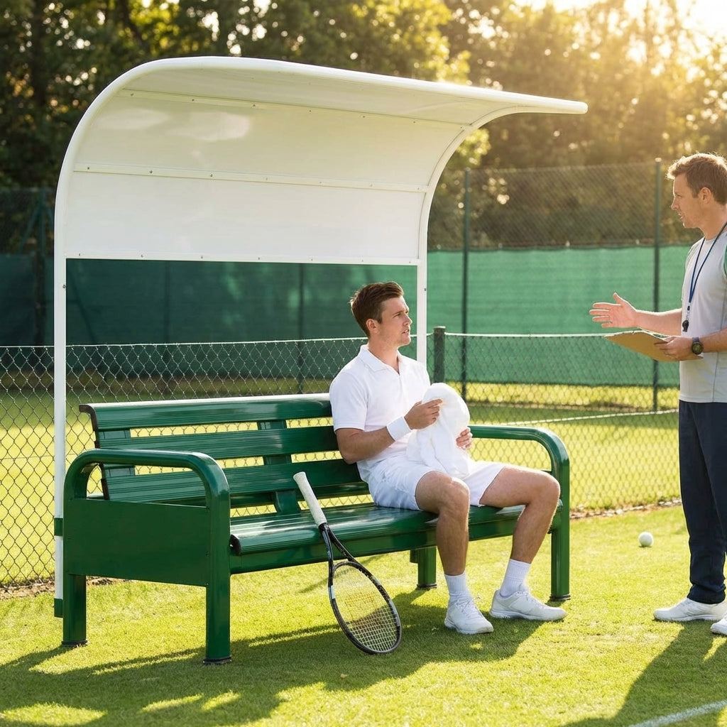 Aluminium tennis court bench in green for tournament use
