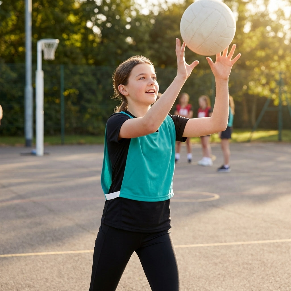 Reversible netball bibs in various colours and sizes, perfect for sports clubs