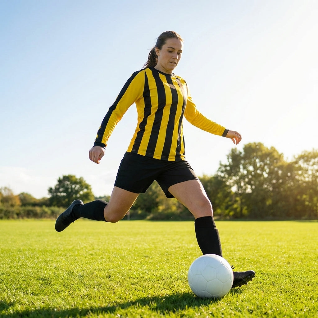Women's football kit with long-sleeved striped shirt, shorts, and knee-high socks