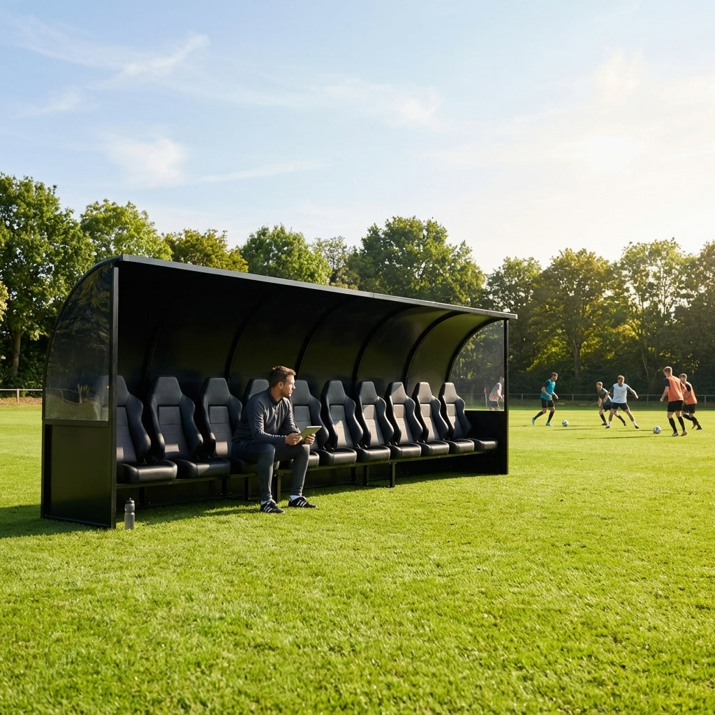 Heavy duty aluminium team shelter with moulded seats