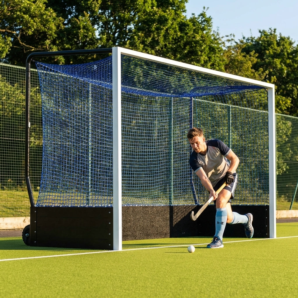 Aluminium hockey goal with HDPE net, 12ft x 7ft, for tournament use