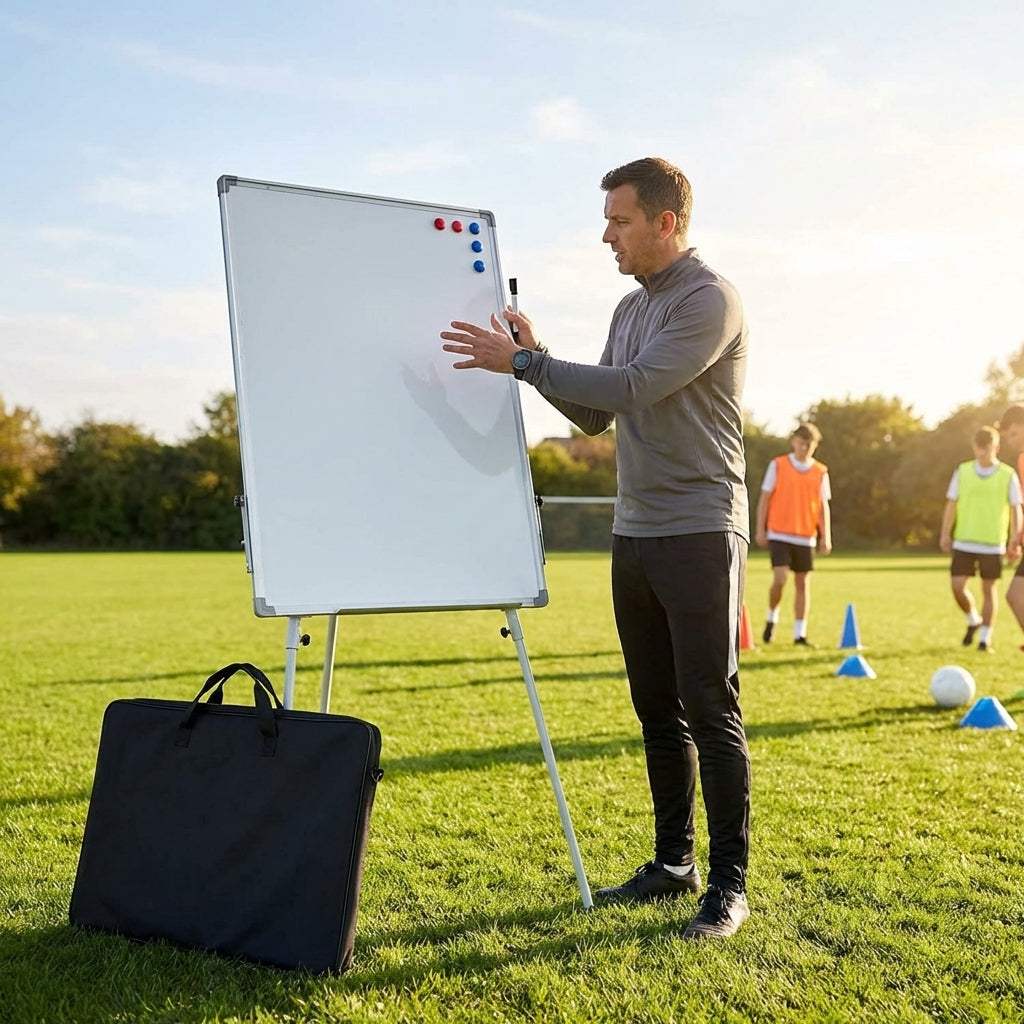 Double-sided coaching whiteboard with aluminium frame and markers