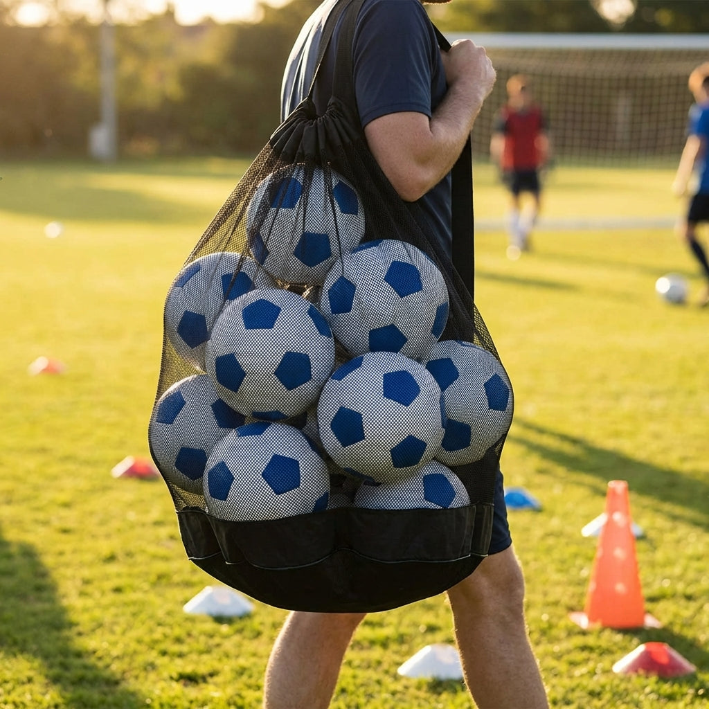 Football carry bag with 12 footballs, durable mesh