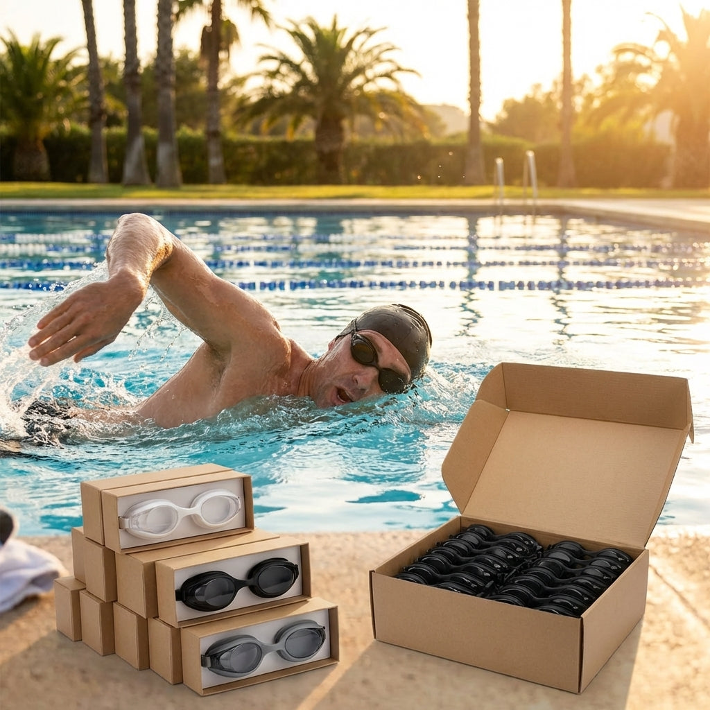 Swimming goggles available in black, grey, and white with anti-fog lenses